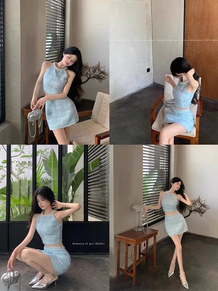 Sweet Suit Womens Summer Blue Beaded Diamonds Halter Neck Tank Top High Waist Mini Skirt Two-piece Set Female Clothes 240815
