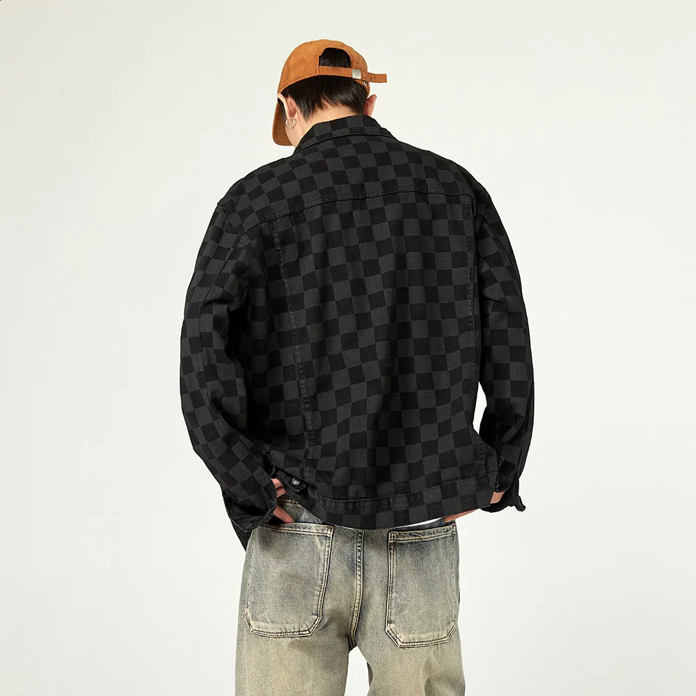 Mens plaid printed denim jacket casual loose plain denim jacket black long sleeved jacket 240814