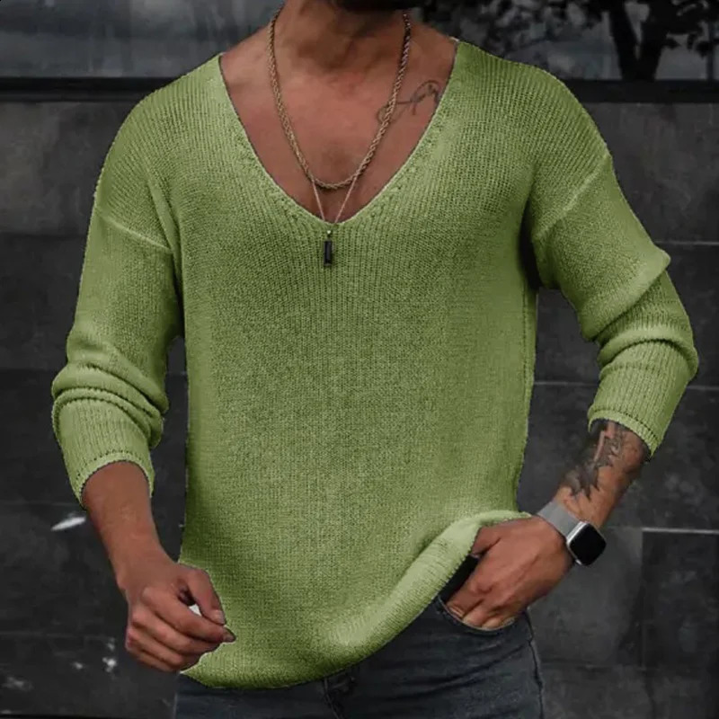 Men Spring V Neck Rib Bottoming T-shirts Pullover Autumn Long Sleeve Slim Fit Tees Tops Simple Casual Plain Thin Knit Shirt 240814