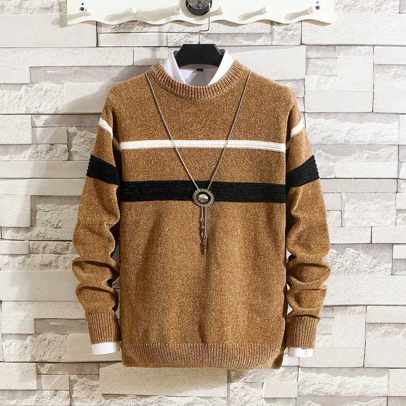 Autumn and Winter Sweaters Mens Round Neck Stripe Contrast Chenille Elastic Casual Versatile Solid Knit Pullover TopXJ240814