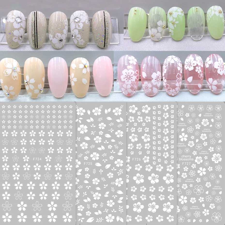 4pcs Sakura Flower 3D Nail Stickers White Cherry Blossom Nail Art Decals Spring Summer Adhesive Slider Decor Wedding ManicureXJ240814