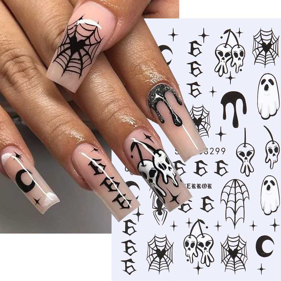 3D Halloween Nail Stickers Spider Web Ghost Skull Moon Star Line Sliders For Nails Gothic Design Summer Autumn Decor Flame DecalXJ240814