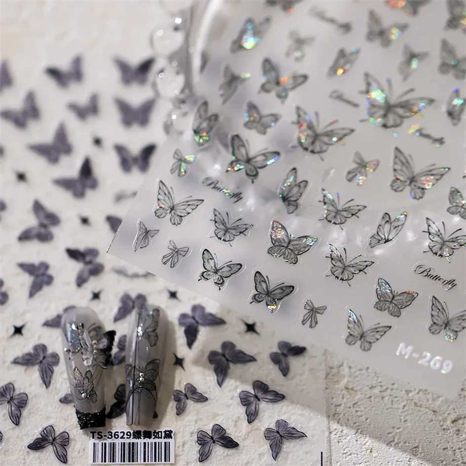Shinny Black Dark Butterfly Nail Stickers High Quality Shell Light Design Adhesive Stickers Nail Art DecorationXJ240814