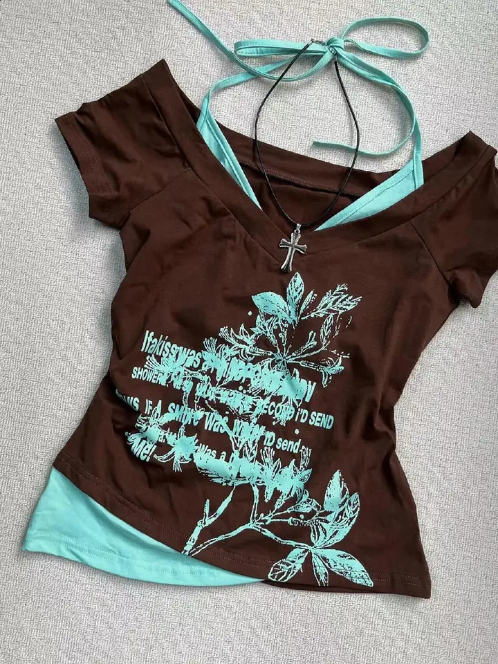 American retro camisole collar printed Tshirt summer streetwear girl slim millennium Harajuku fashion casual womens clothing 240814