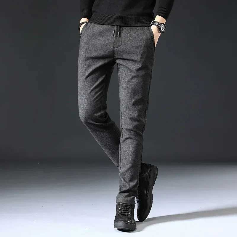 Autumn and winter brushed fabric casual pants mens thick work pants brushed elastic waist ultra-thin black mens plus size 38W240725