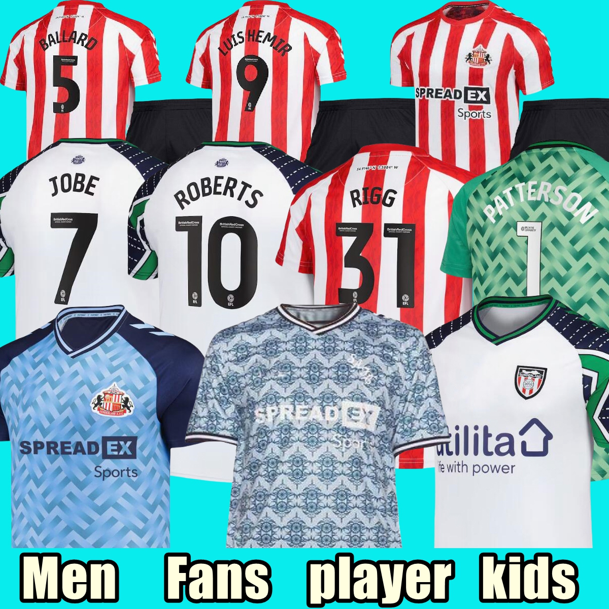 24 25 SUNDERLAND Soccer Jerseys STEWART SIMMS ROBERTS AMAD CLARKE DAKU EMBLETON E O'NIEN Football Shirt PRITCHARD Mens Kids Kit HOME JOBE Belgham