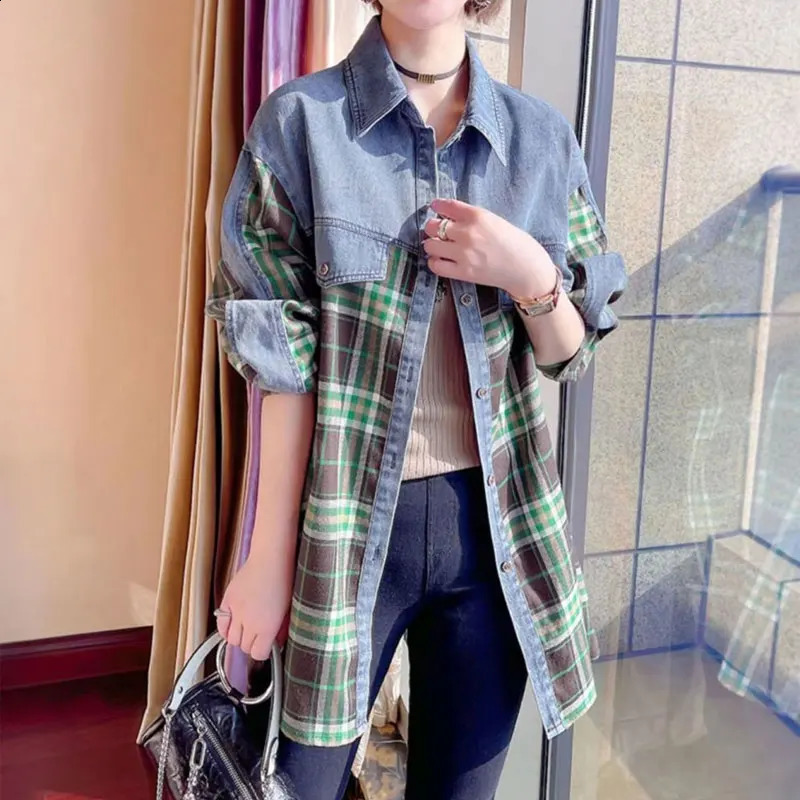 Spring Autumn Vintage Plaid Denim Jackets Womens Clothing Casual Turn-down Collar Stylish Patchwork Single-breasted Loose Coats 240814