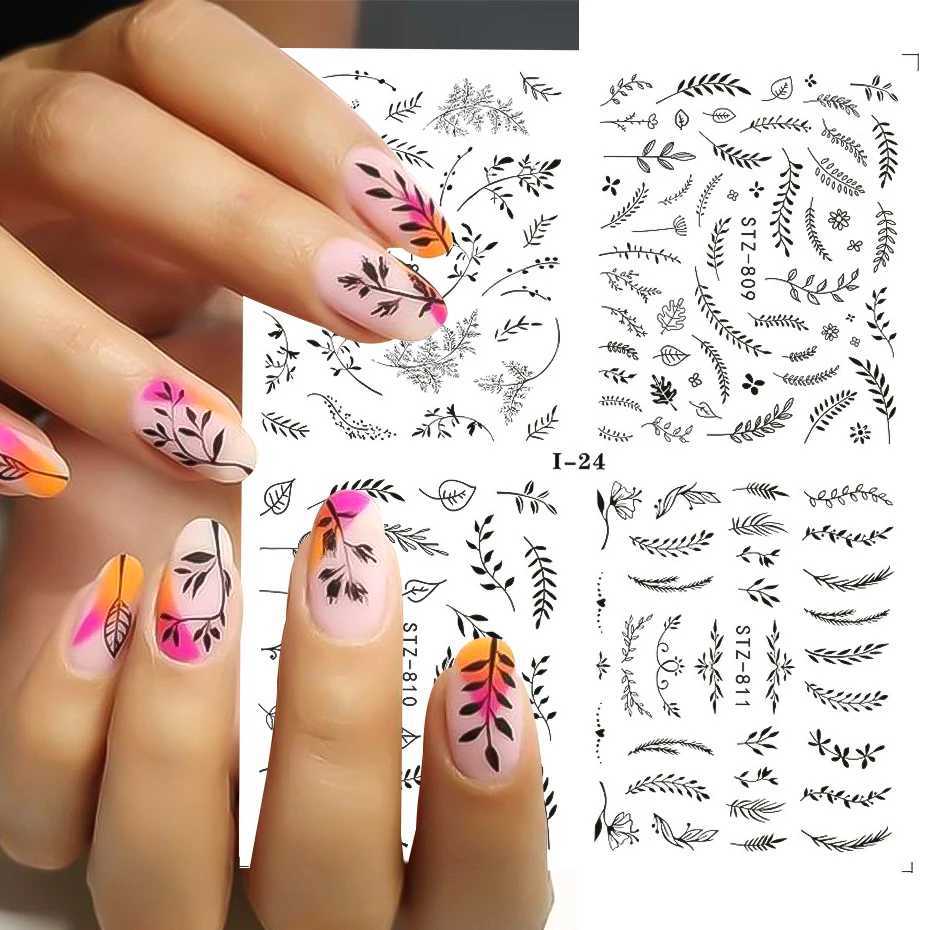 4 PC/Sheet Spring Black Leaf Flower Water Decals Simple Nail Decor Sticker Butterfly Green Palm Design Nail Art Watermark LAI-24XJ240814