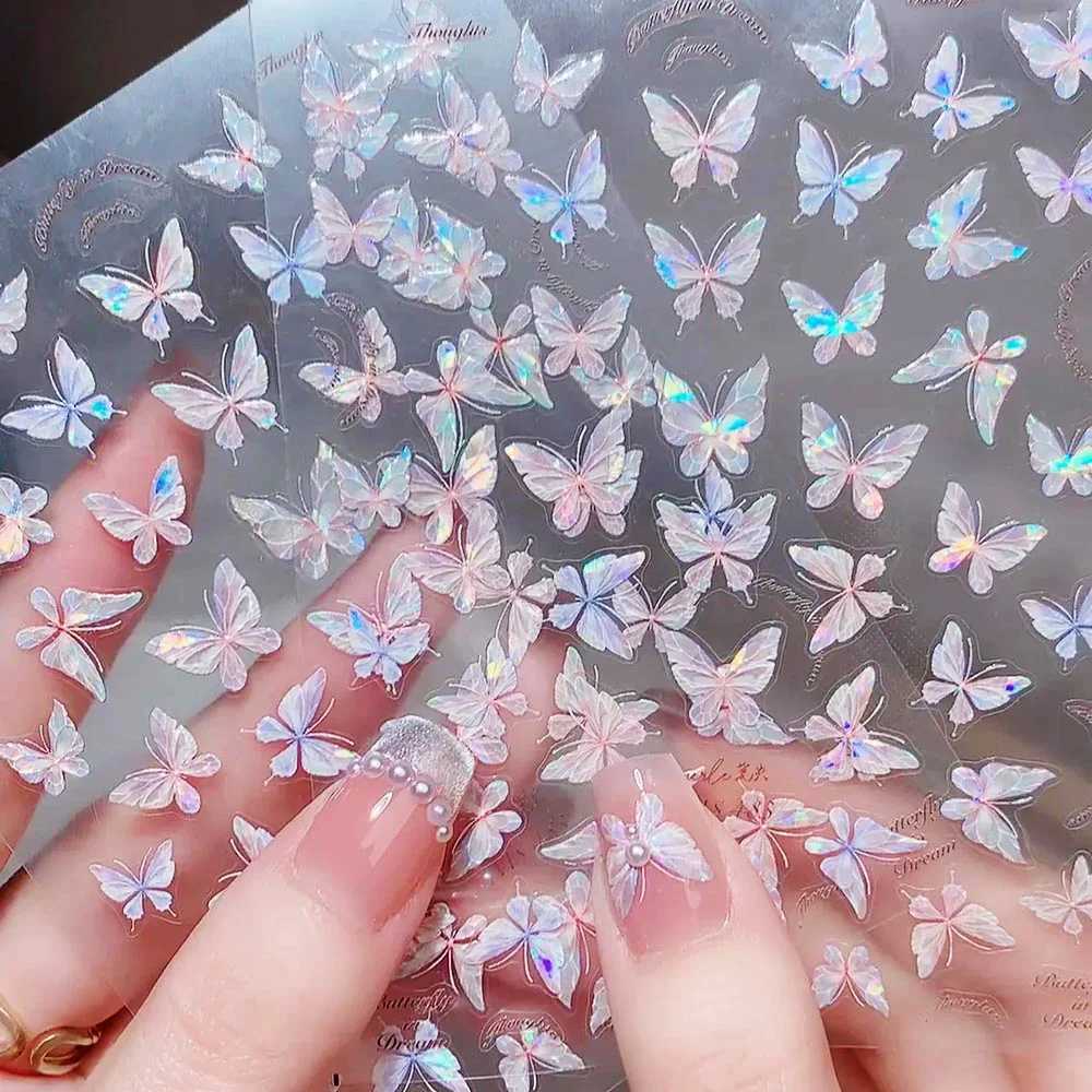 Pink Purple Aurora Shell Butterfly Nail Stickers Shiny Laser 3D Butterflies Nail Decals 8*10cm Adhesive Aurora Shell Butterfly NXJ240814