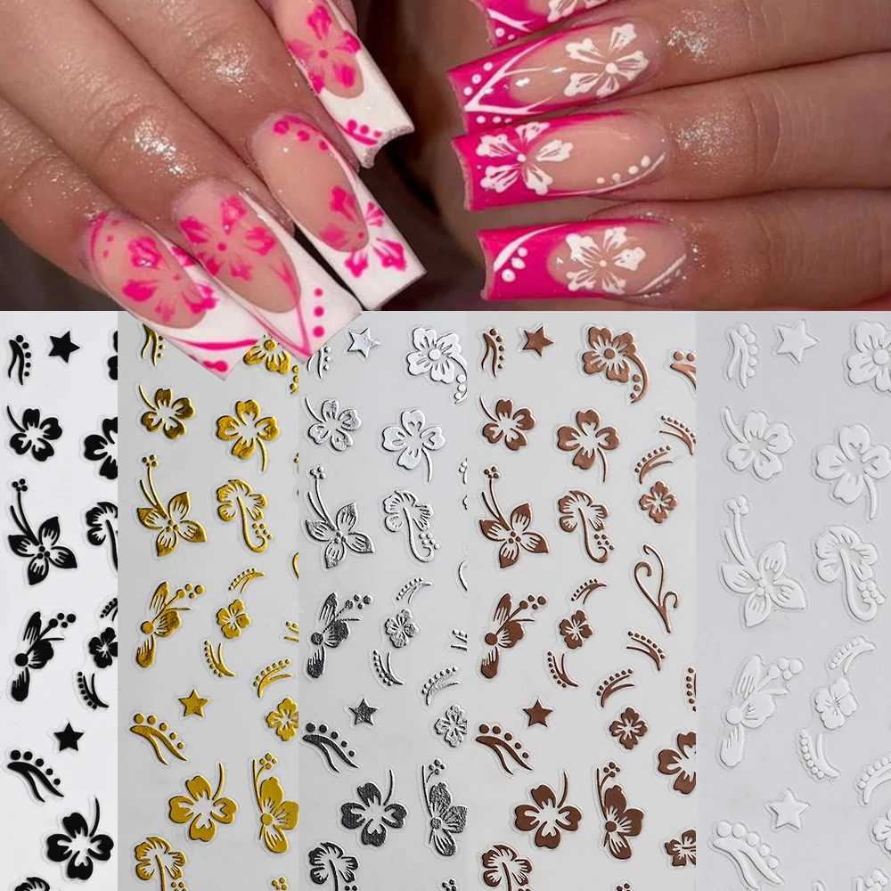 5/8Pcs 3D Hawaiian Flowers Nail Art Stickers Summer Decors with Tropical Leaves Slider Vibrant Pink White Flowers for Parties*XJ240814