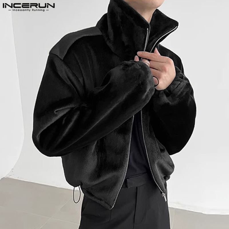 INCERUN Mens Jackets Plush Solid Color Lapel Zipper Long Sleeve Fleece Casual Male Coats Streetwear Fashion Jackets S-5XL o240814