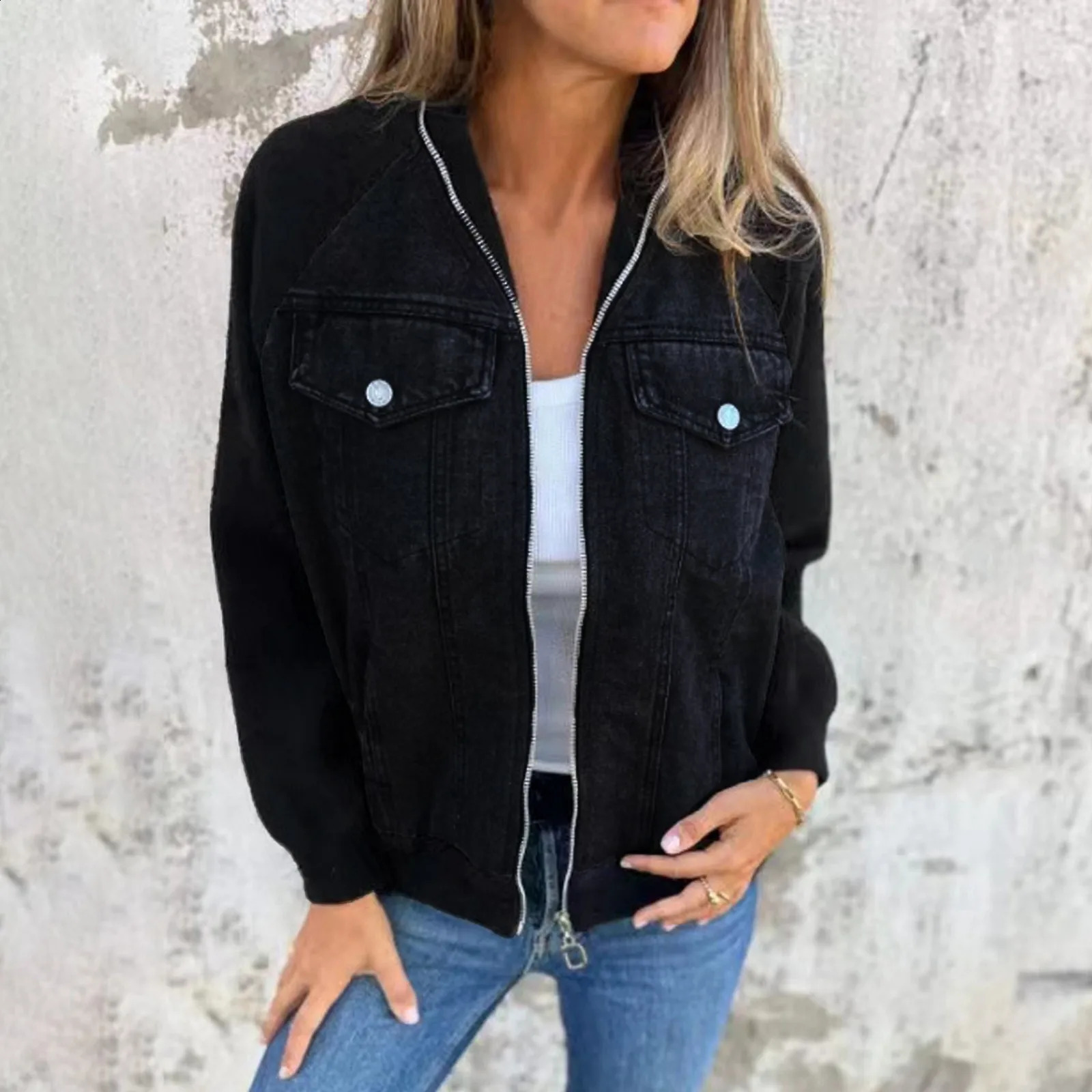 Women Autumn Winter Fashion Denim Jacket Patchwork Cropped Jacket Casual Wipe Shoulder Sleeve Jacket American Retro Loose Jacket 240814