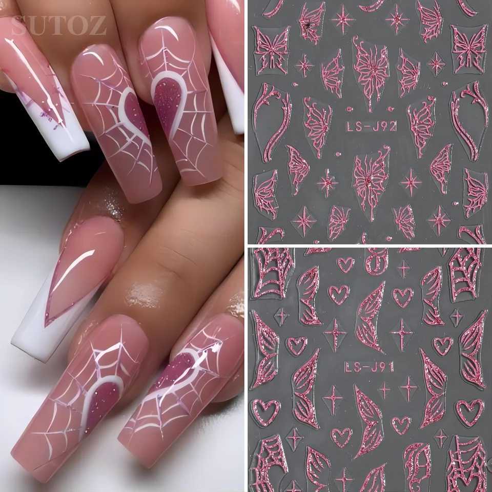 Pink Glitter Nail Art Stickers Shimmer Heart Cobweb Y2K Nail Stickers 3D Butterfly Self Adhesive Decals DIY Nail Supplies LS-J91XJ240814