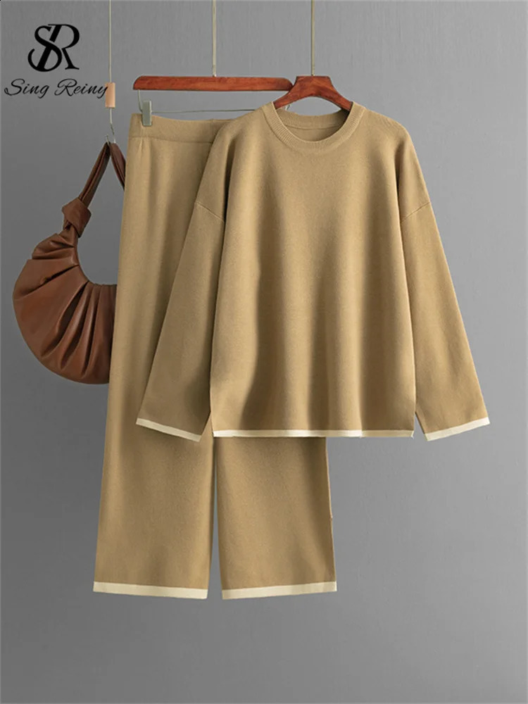 Womens Oneck loose fitting patchwork topelastic waist wide leg pants knitted sweater 2PC set 240809