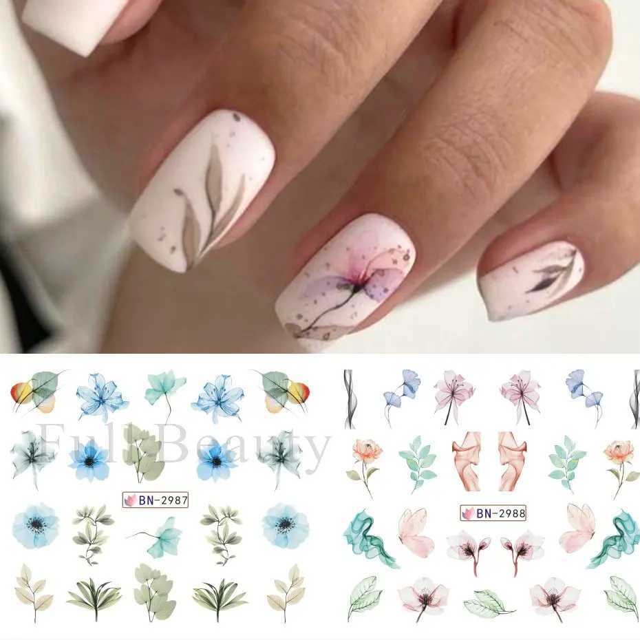 12pc Spring Flowers Nail Sticker Ink Blooming Floral Design Simple Flower Leaves Water Decals Watercolor Sliders for Nails DecorXJ240814