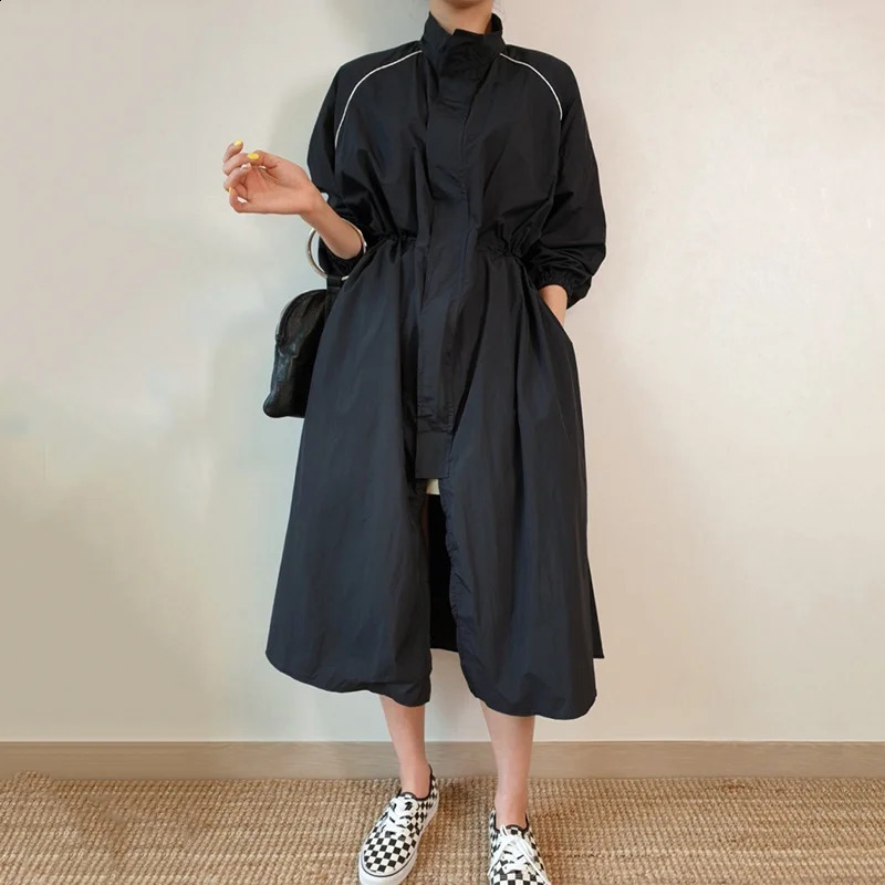 Womens slotted windproof jacket Korean fashion full matching stand collar loose coat autumn summer item 240814