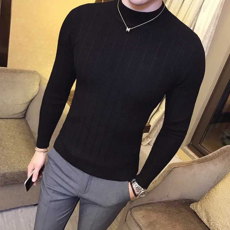 Mens Pullover Sweaters 2024 Korean Casual Striped Solid Sweater Men Half High Collar Stretch Tight Sweater Slim Fit Knit TopsXJ240814