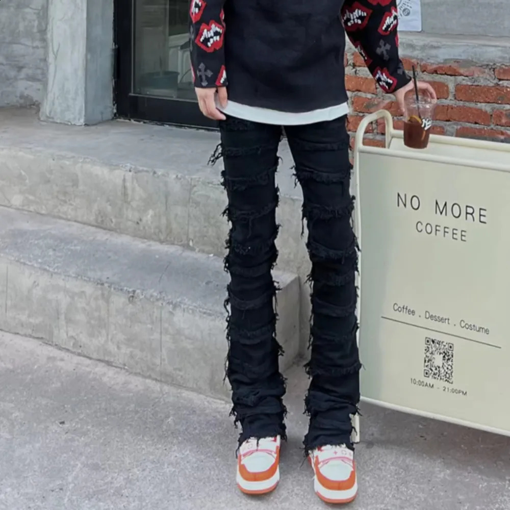 American style black erosion damaged rough high street jeans mens ins hip-hop fashion vintage skinny pants streetwear 240814