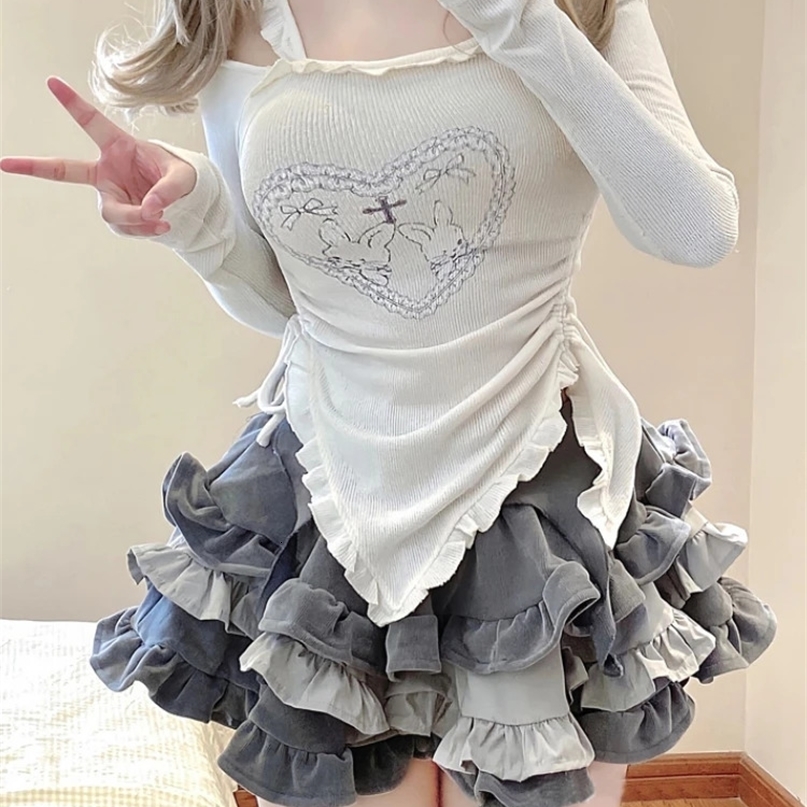 Autumn Japanese Kawaii Two Piece Set Women Sweet Rabbit Print Cute Skirt Suit Female Korean Slim Tops Princess Cake Skirt 240814CJ