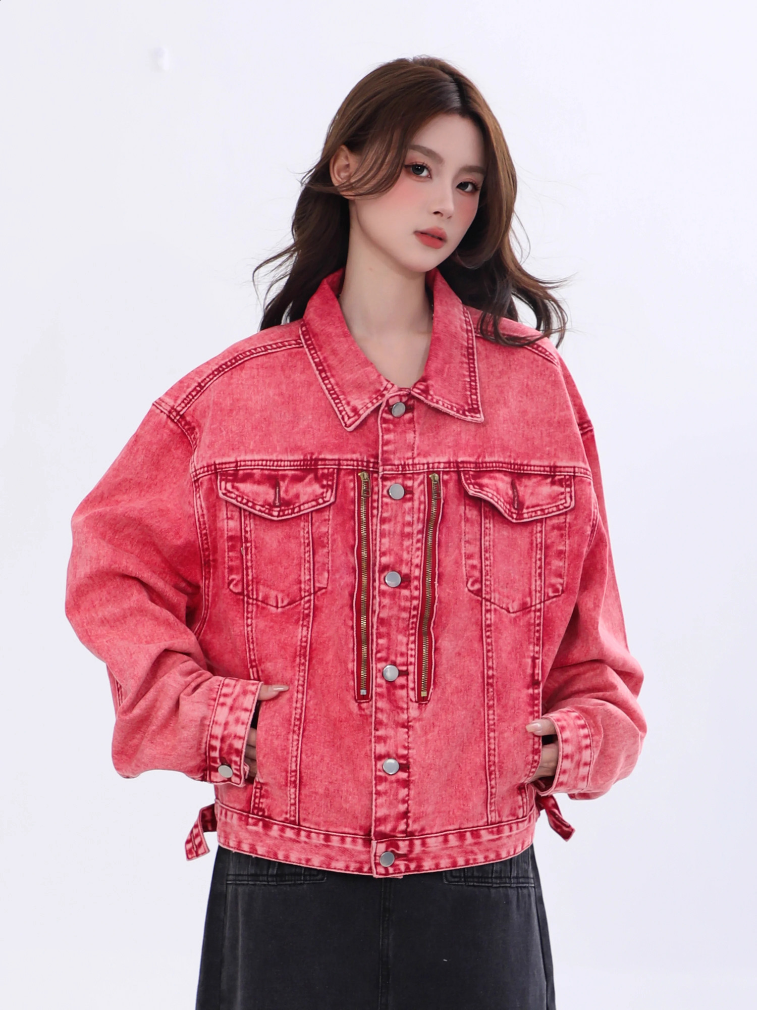 REDDACHiC Y2k Red Distressed Women Bomber Jacket Vintage Wash Zipper Patchwork Demi-season Denim Jacket Korean Vintage Clothes 240814