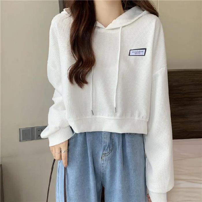 Waffle short hoodie for female students, Korean version, autumn/winter new design, loose and lazy style top jacket f99c5 bca32