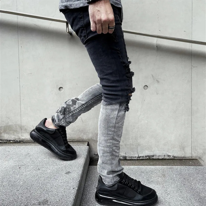 Men Stylish Ripped Gradient Skinny Pencil Jeans Pants Male Holes Stretch Casual Denim Trousers 240814