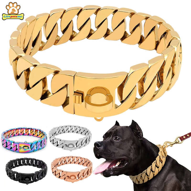 32Mm Wide Strong Metal Dog Chain Collars Stainless Steel Dog Choker Pitbull Gold Dog Necklace For Large Dogs Zozostore