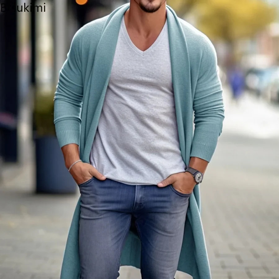 2024 Mens Thin Knitted Sweater Cardigans Solid High Quality Soft Long Woolen Coat Jacket for Men Spring Autumn Knitted Jacket 240816