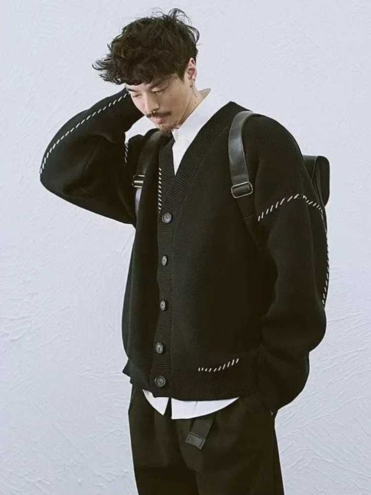 Mens Clothing Japanese Retro Cardigan Knit Sweater Male Coat Jacket Patchwork Black Long Sleeve 100% Sweat-shirt Baggy Street AXJ240814