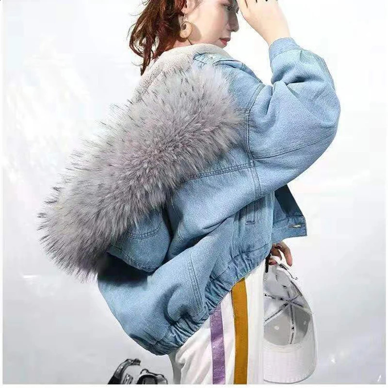 Gidyq Women Thick Warm Denim Jacket Korean Fashion Streetwear Fur Loose Coats Winter Female Casual Patchwork Hooded Outwear 240814