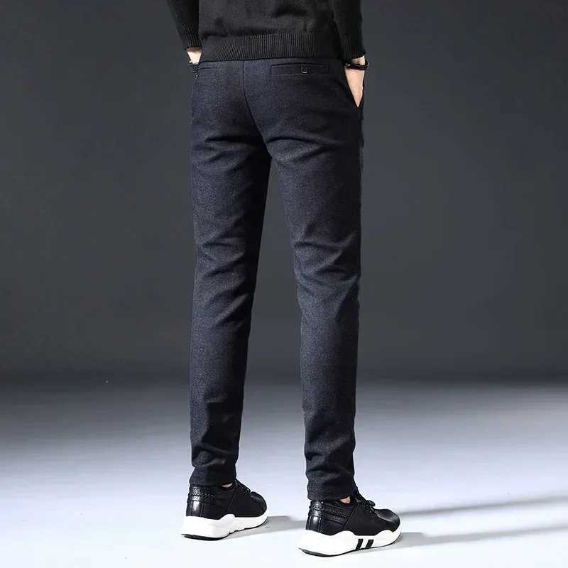 Autumn and winter brushed fabric casual pants mens thick work pants brushed elastic waist ultra-thin black mens plus size 38W240725