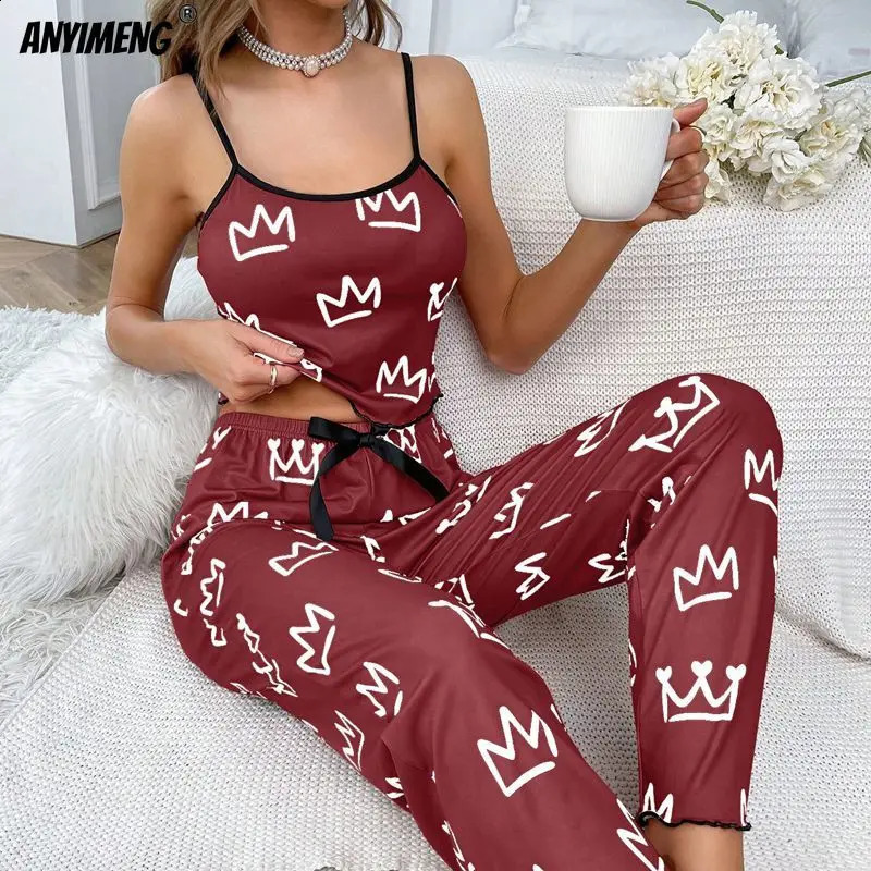 Crown Printing Women Sling Widelegs Pajamas Set Fashion Pijama For Girl Soft Milk Silk Sleepwear Casual Lady Sexy Nightwear 24
