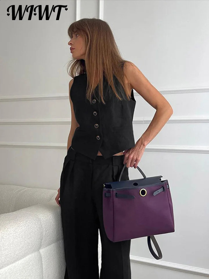 Elegant Cotton Linen Vest Pants Set Women Single Breasted V-neck Sleeveless Tank Top Wide Leg Trousers Summer Lady Outfits 240815