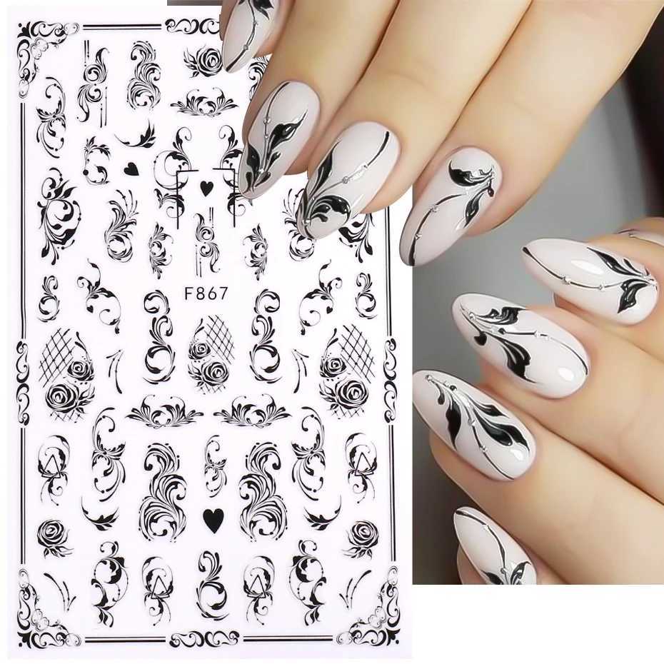 1PC Black Leaf 3D Adhesive Sticker For Nail Geometric Lines Spring Flower Leaves Butterfly Nail Decor Decal Manicure AccessoriesXJ240814