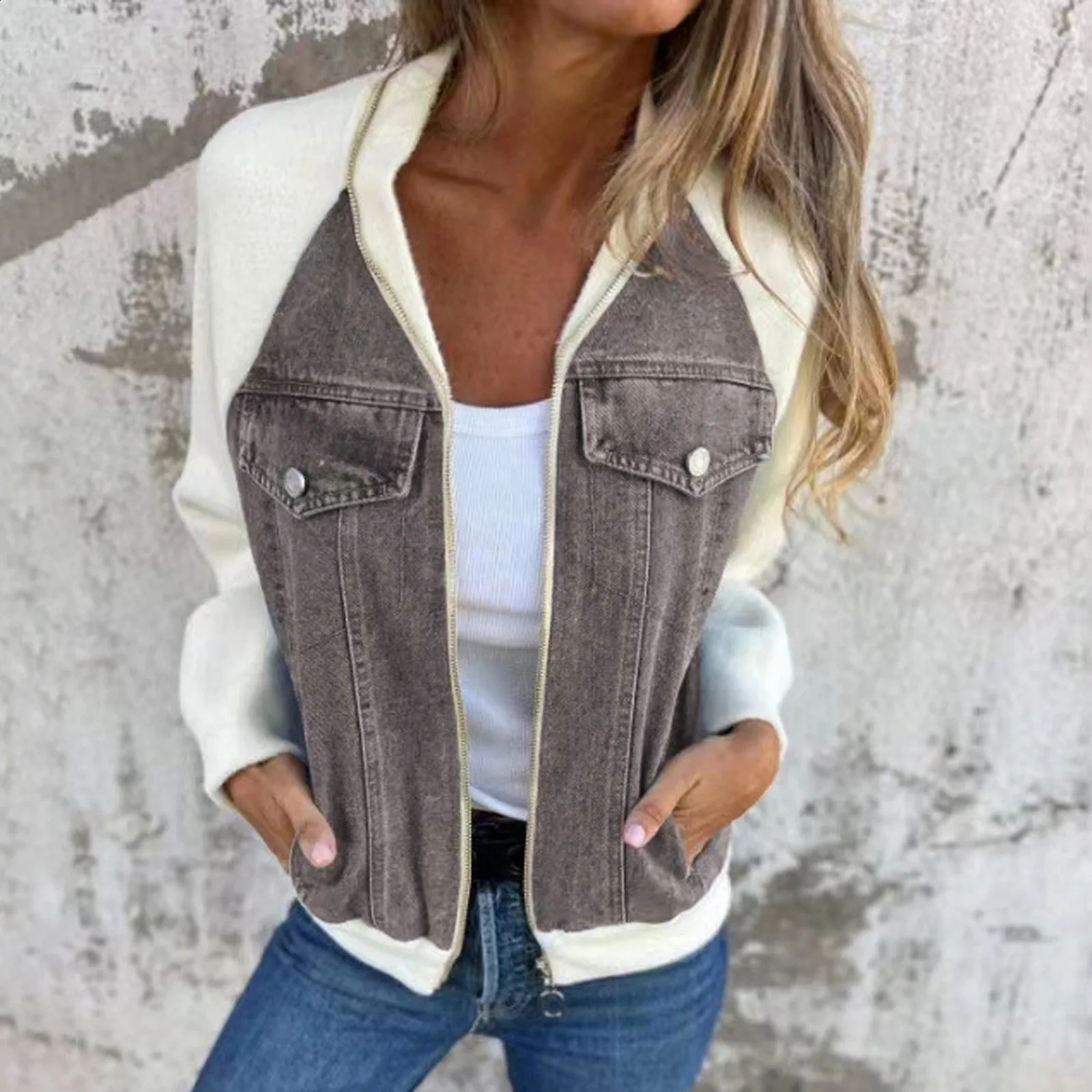 Women Autumn Winter Fashion Denim Jacket Patchwork Cropped Jacket Casual Wipe Shoulder Sleeve Jacket American Retro Loose Jacket 240814