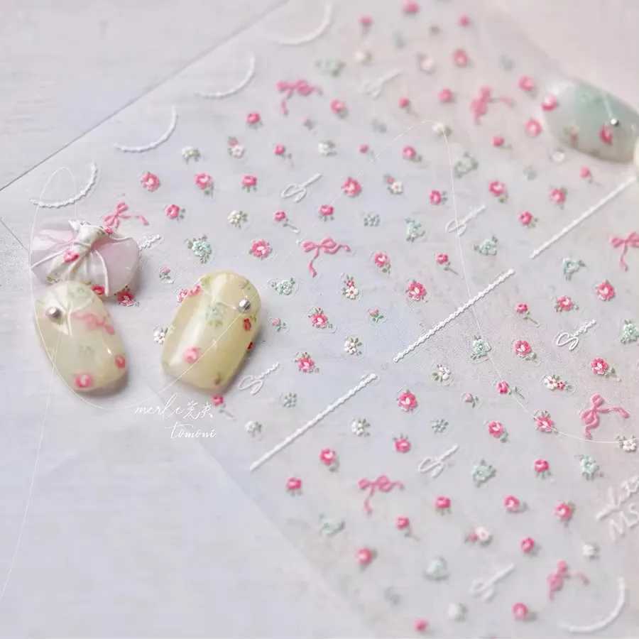 1Sheet Cute Wildflower Nail Art Stickers Cute Colored Flower Ribbon 5D Embossed Relief Nail Decoration Parts Decals AccessoriesXJ240814