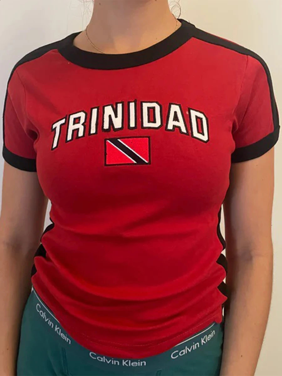 Womens sports short sleeved Tshirt crew neck patch work graphic top sexy slim fit contrasting color Y2k streetwear 240814