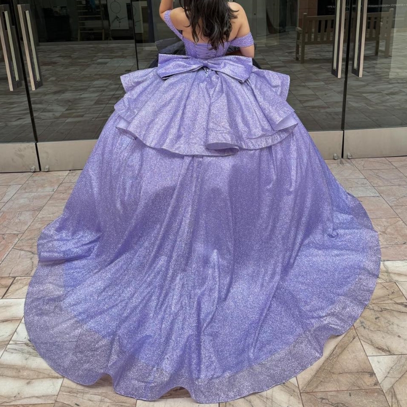 Lavender Shiny Quinceanera Dressess Ball Gowns 2024 Off The Shoulder Beads Crystal Tull Sweet 16 Dress Vestidos De 15 Anos