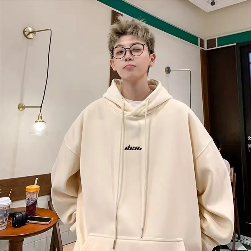 Korean Fashion Dark Grey Fleece Hoodies Men Letter Print Simple Baggy Hoody Sweatshirt Harajuku Streetwear Y2K Hoodie 240815