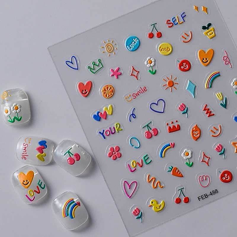 2023 Jelly Design Tulip Flowers Love Heart Color Lines 5d Embossed Reliefs Nail Art Stickers Lovely Manicure Nail DecalsXJ240814