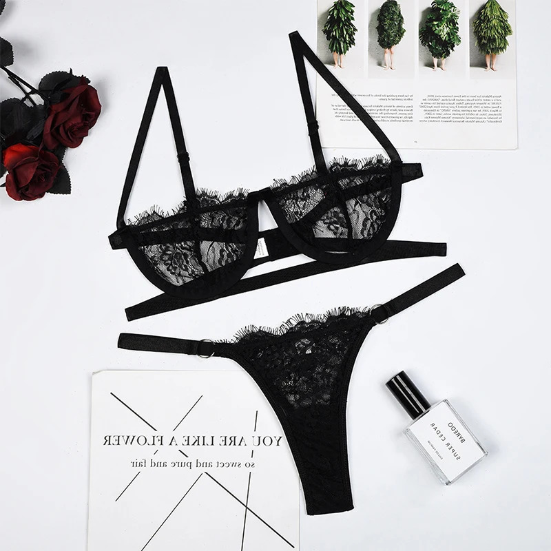 Lace Sheer Bra Cute Womens Pajama Set With Panties Embroidery Sexy Lingerie Steel Ring PushUp Body Bras Femme Sleepwear Sets 240815