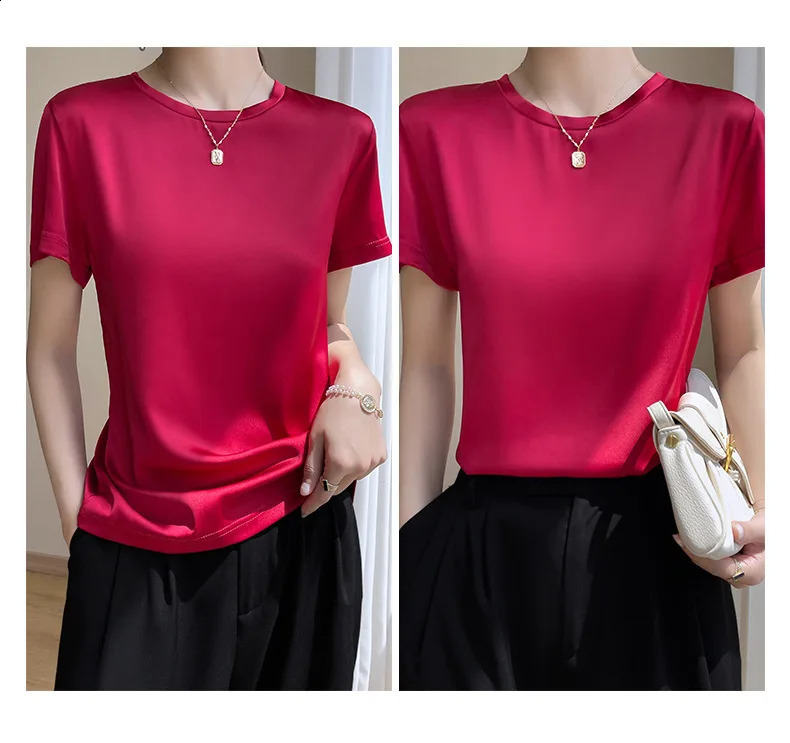 Womens short sleeved Tshirt womens ultrathin bottom thin top satin shirt 240814