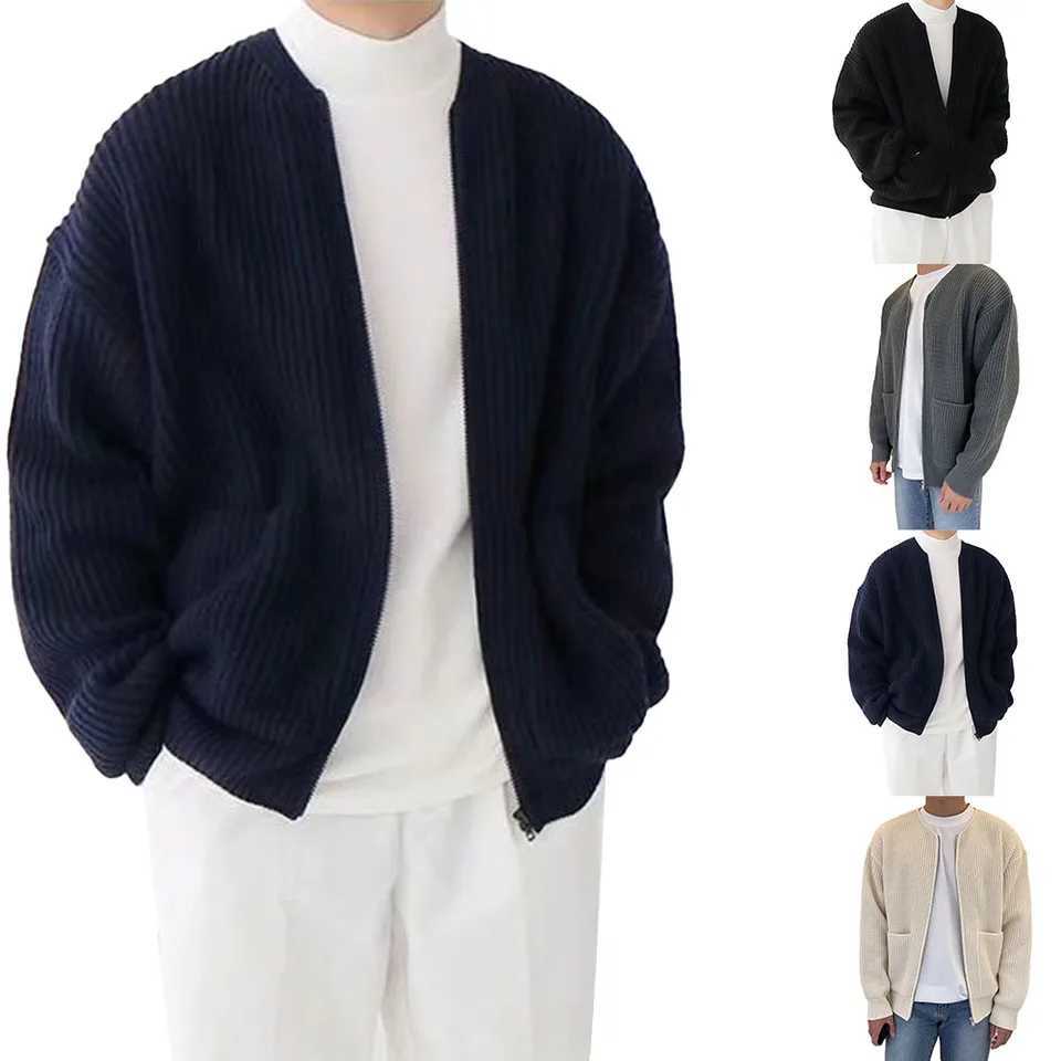1x Men Zip Up Long Sleeves Knitted Cardigan Lined Funnel Neck Jumper Sweater Pockets Coat Loose Male Sweater M-3XL NewXJ240814