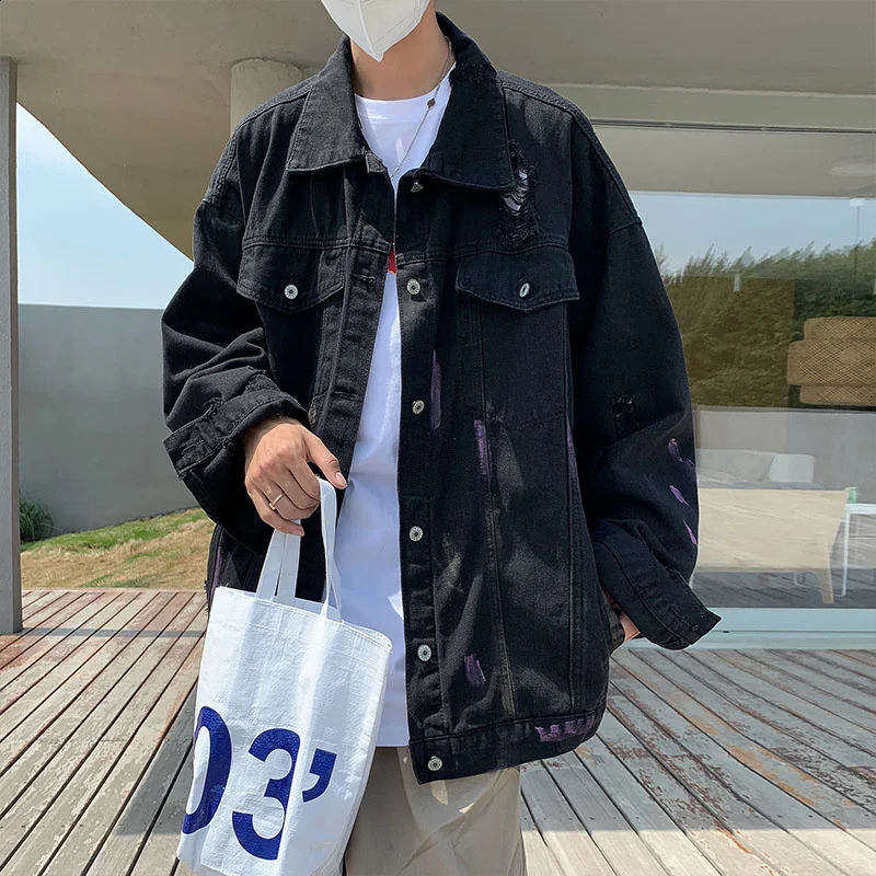 Pierced denim jacket mens Korean version chaopai high street splash couples coat spring and autumn loose fashion versatile top 240814