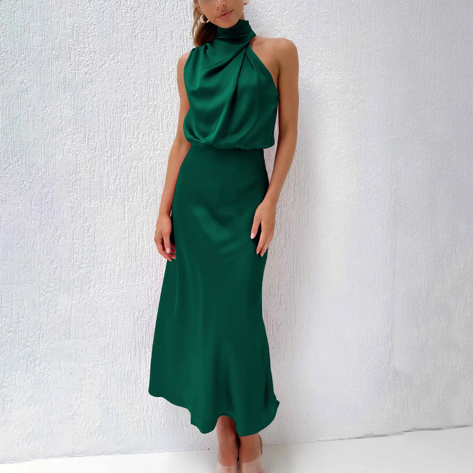 Women Halter Satin Silk Dresses Summer Sexy Champagne Green Evening Party Elegant Maxi Dresses For Women Formal Occasion Dresses 240815