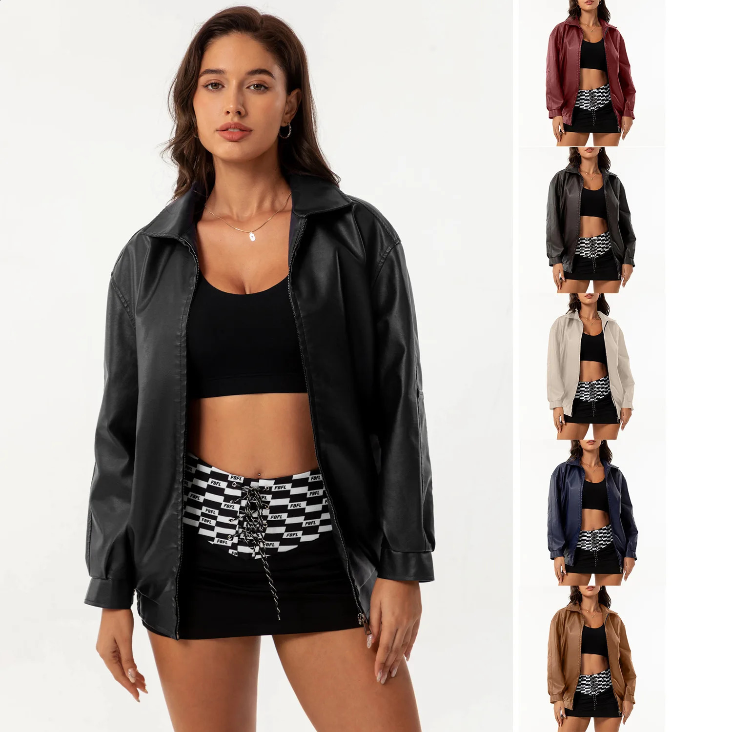 Womens Bomber Jacket Spring Autumn Leather Female Oversize Long Sleeved Lapel Casual Coats 241218