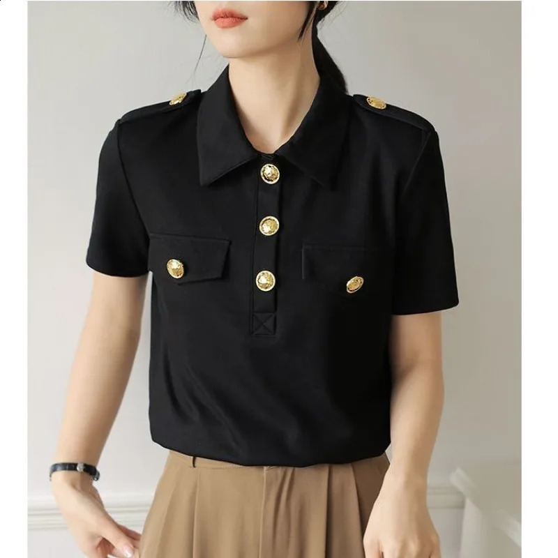 Summer Polo Neck Short Sleeve Unique Splicing Button Thin Solid Color Ultra Casual Womens Tshirt Top 240814