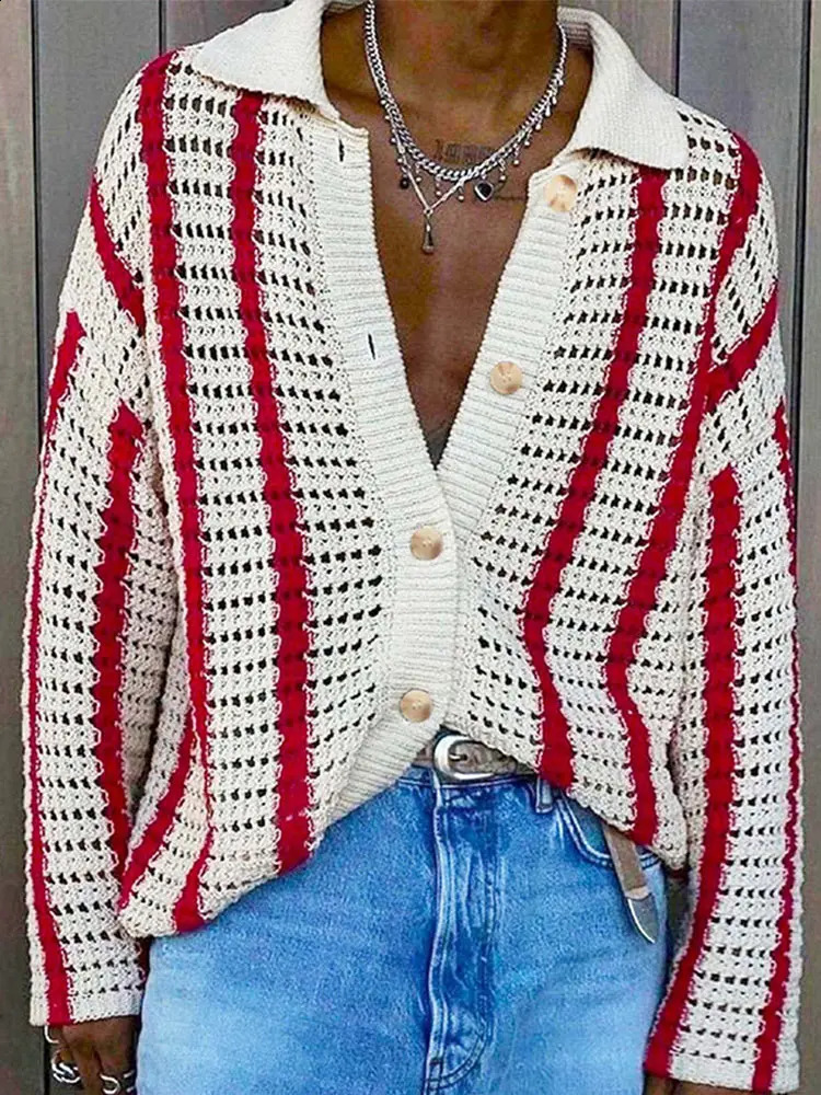 Fashion Hollow Out Knitted Sweater Male Beach See Through Striped Cardigan Sweater 2024 Trendy Long Sleeve Lapel Loose Knit Top 240814