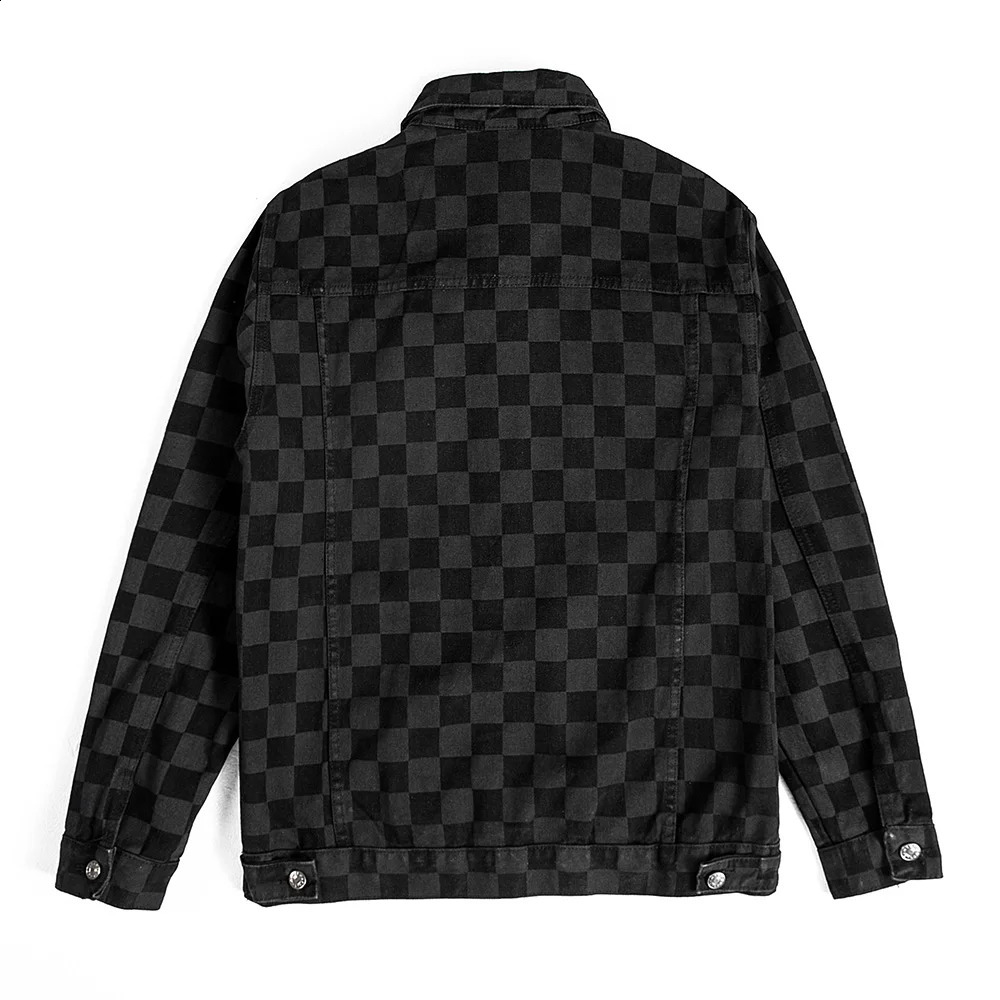 Mens plaid printed denim jacket casual loose plain denim jacket black long sleeved jacket 240814