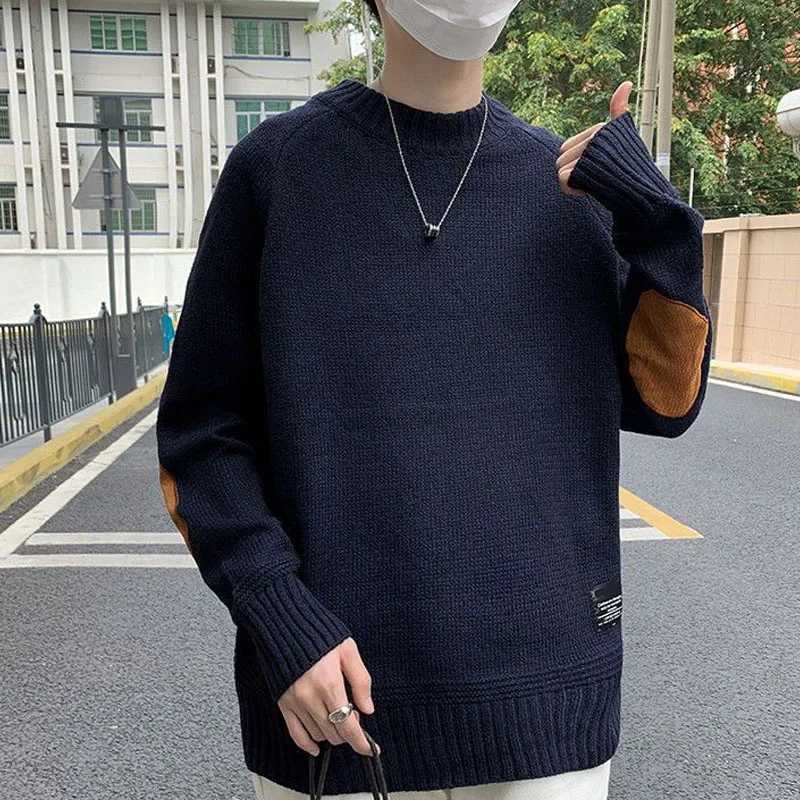 Winter Fashion Korean Edition Thickened Round Neck Panel Loose and Versatile Puppy Handsome Student Knitted Long Sleeve SweaterXJ240814